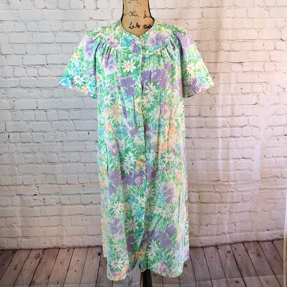Lounge Around Duster Robe Multicolored Floral Snap Down Medium - Picture 1 of 4